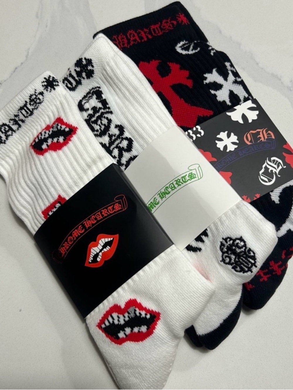 Chrome Hearts Black, White, Red Graphic Crew Socks Trio